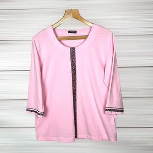 BASLER Pink Cotton Top 3/4 Sleeve Tee Contrast Lace Details size 10